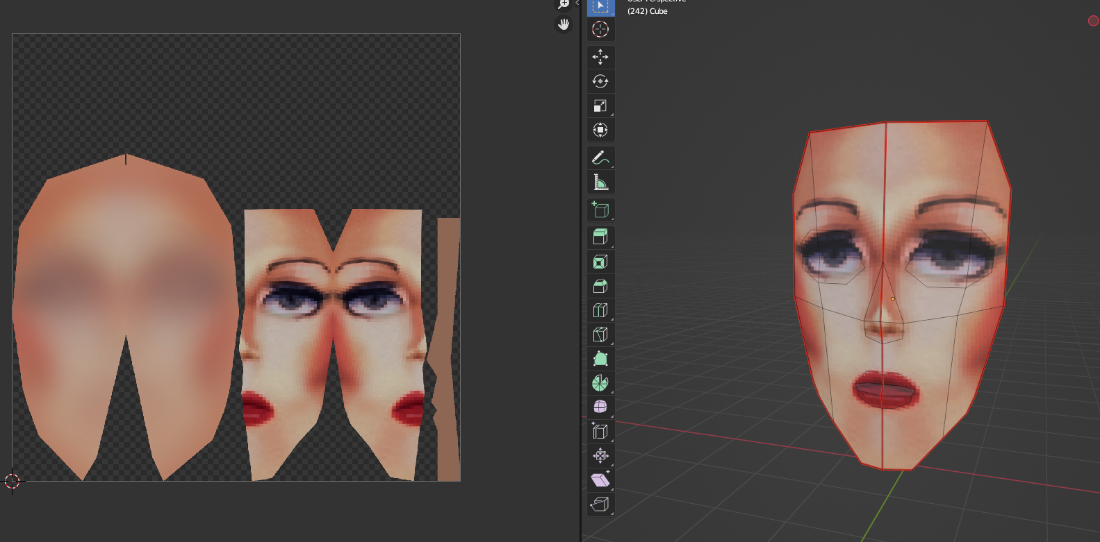 Screenshot of a 3D model of a mask I made in Blender. The face looks like 80s airbrush art. Dramatic eyeshadow and red lipstick